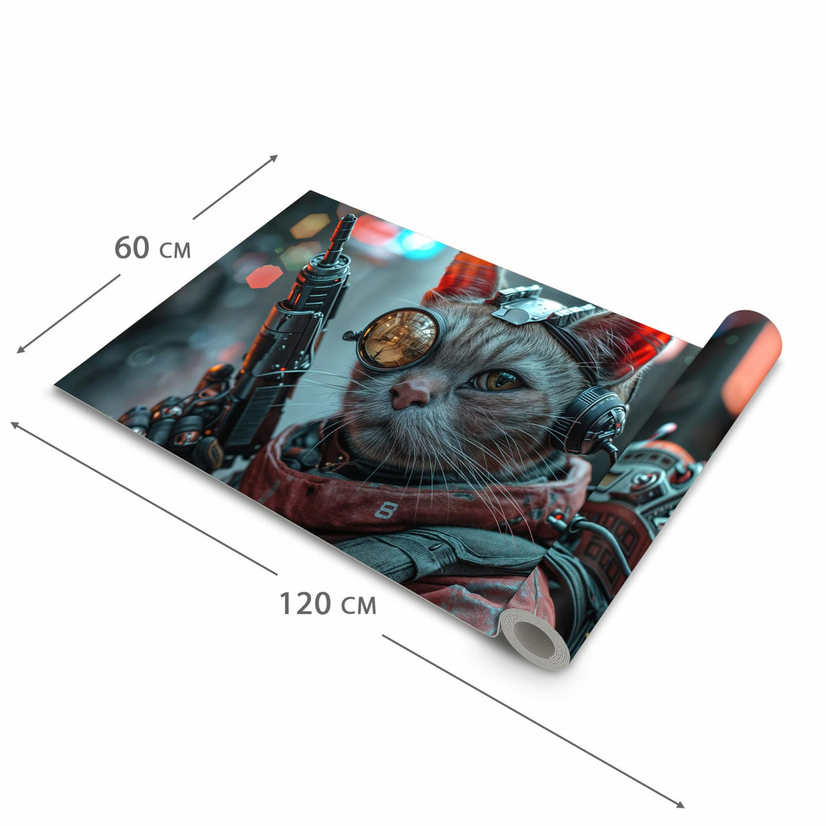 Pflegeleichter dünner Küchenteppich mit Motiv Cyberkatze in der Grösse 80x300 cm