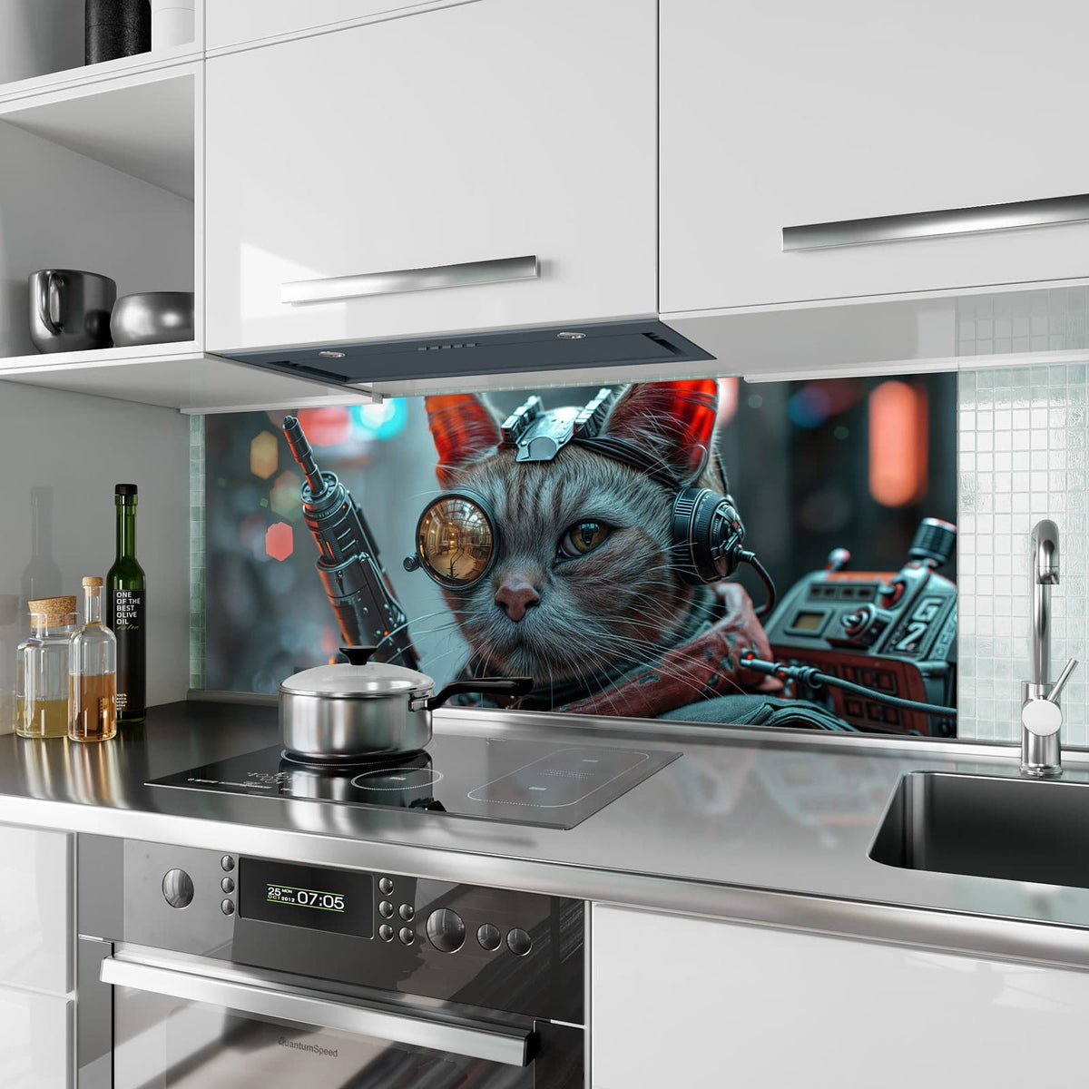 Küchenrückwand aus Glas Katze mit Fliegerbrille im Hochformat als Spritzschutz hinter dem Kochfeld, über dem Fliesenspiegel montiert