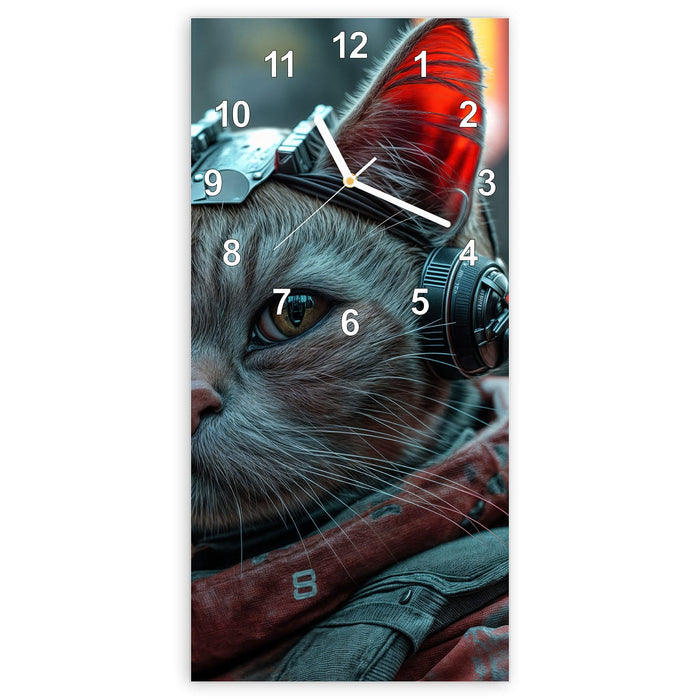 Wanduhr Cyberkatze aus Glas – Hochformat 30 × 60 cm mit Ziffernblatt Modern