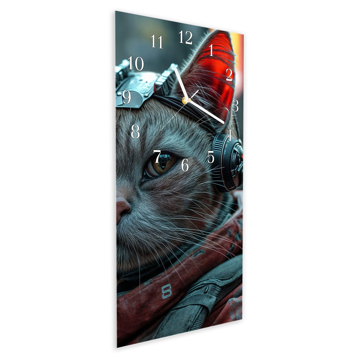 Vormontiert – mit Schwebeeffekt – Wanduhr Cyberkatze aus Glas – Hochformat 30 × 60 cm