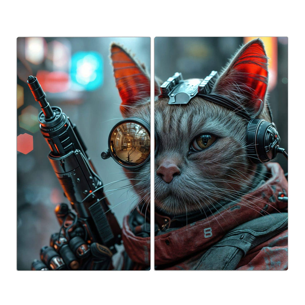 Getigerte Katze mit messingfarbener Fliegerbrille, Headset und rotem Tuch; links ragt ein Gewehrlauf ins Bild