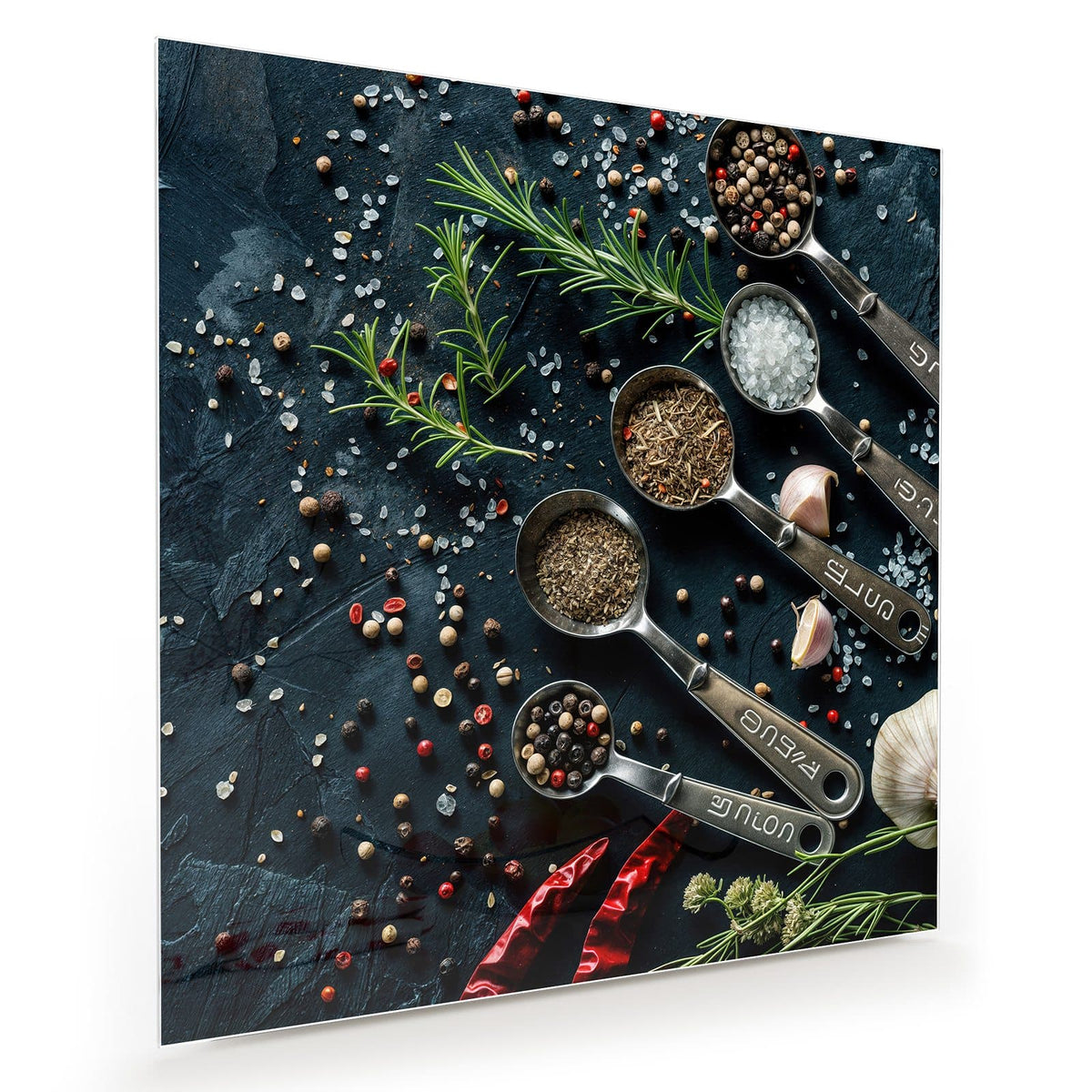 Vier Metall-Messlöffel mit Pfefferkörnern, grobem Salz und getrockneten Kräutern auf dunklem Schiefer, dazu Rosmarin und Knoblauch