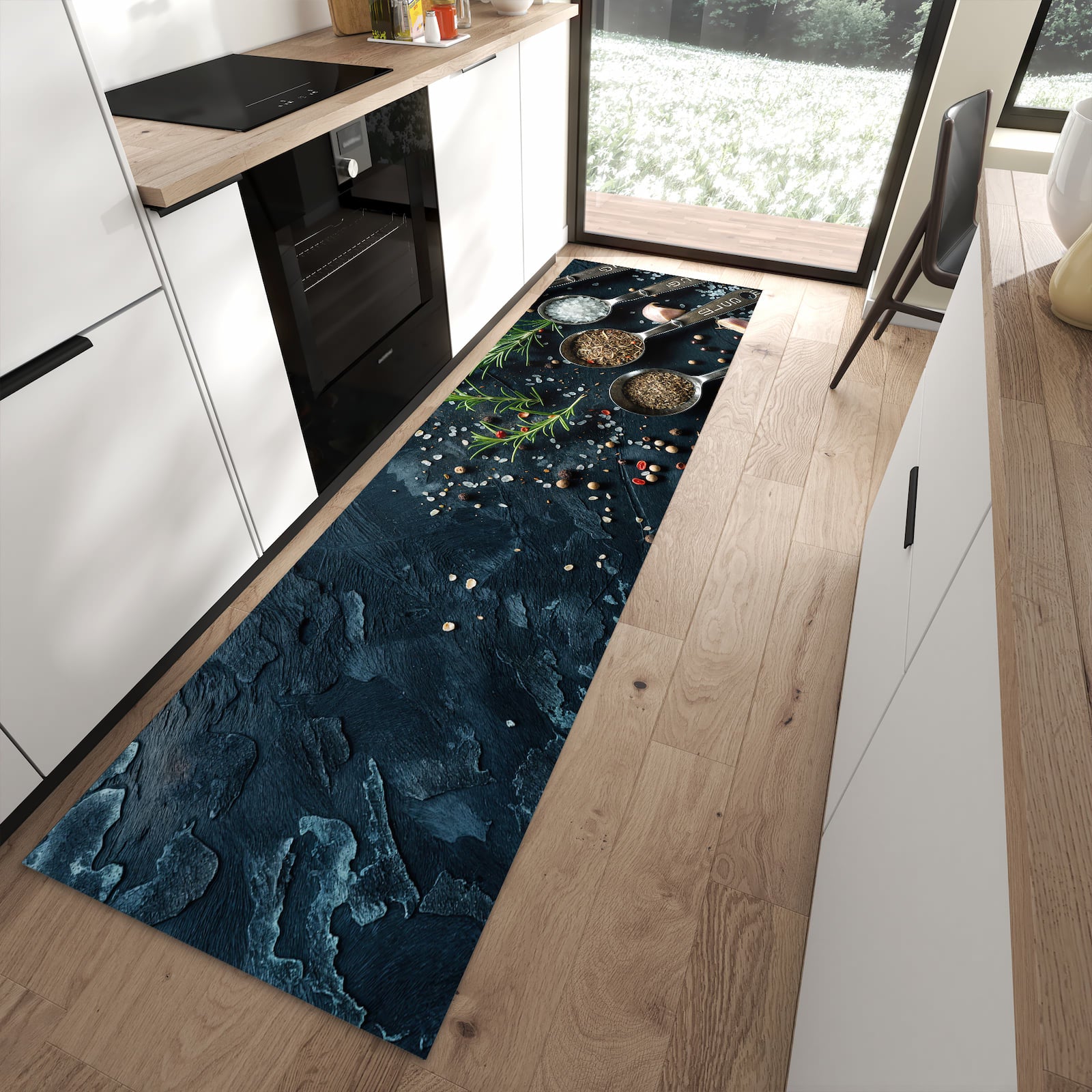 Waschbarer Küchenläufer mit Kräutersammlung-Motiv in moderner Küche, schützt Boden