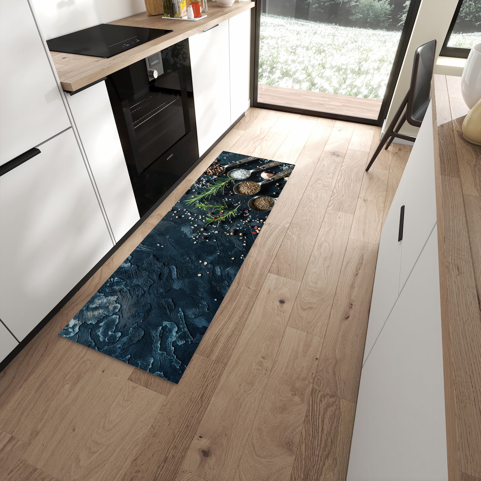 Langlebiger Küchenläufer mit Kräutersammlung-Motiv in moderner Küche