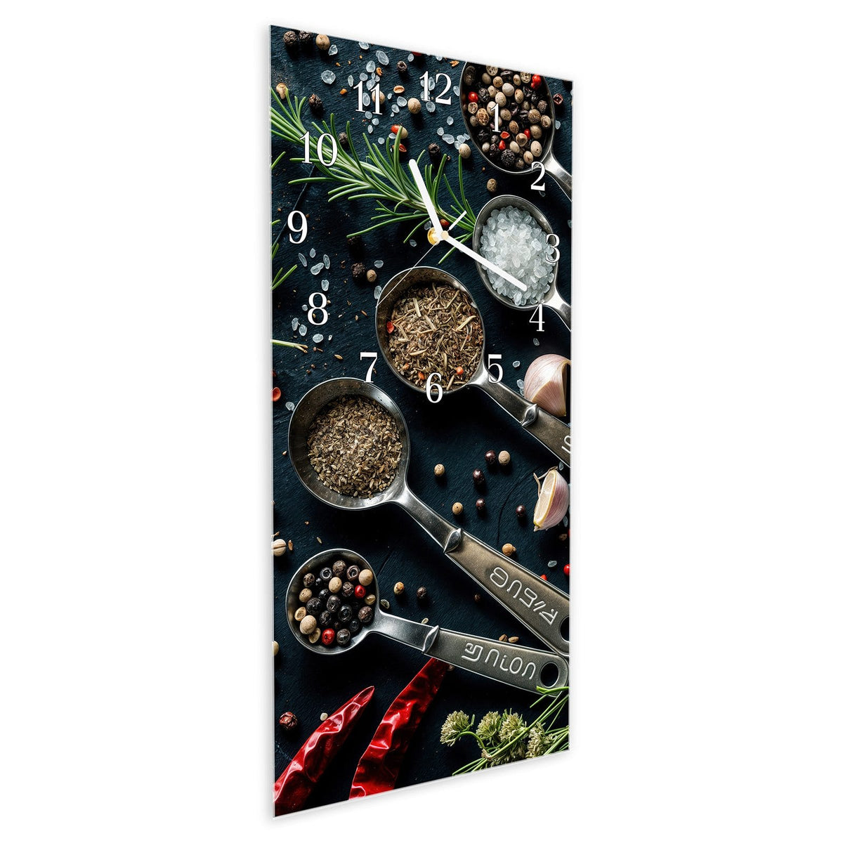 Vormontiert – mit Schwebeeffekt – Wanduhr Kräutersammlung aus Glas – Hochformat 30 × 60 cm