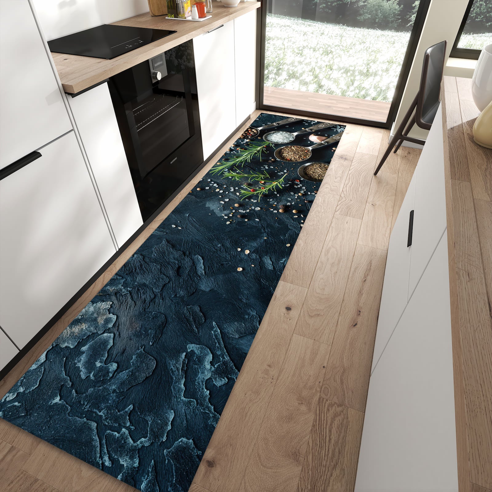 Flacher Küchenläufer mit Kräutersammlung-Motiv in moderner Küche