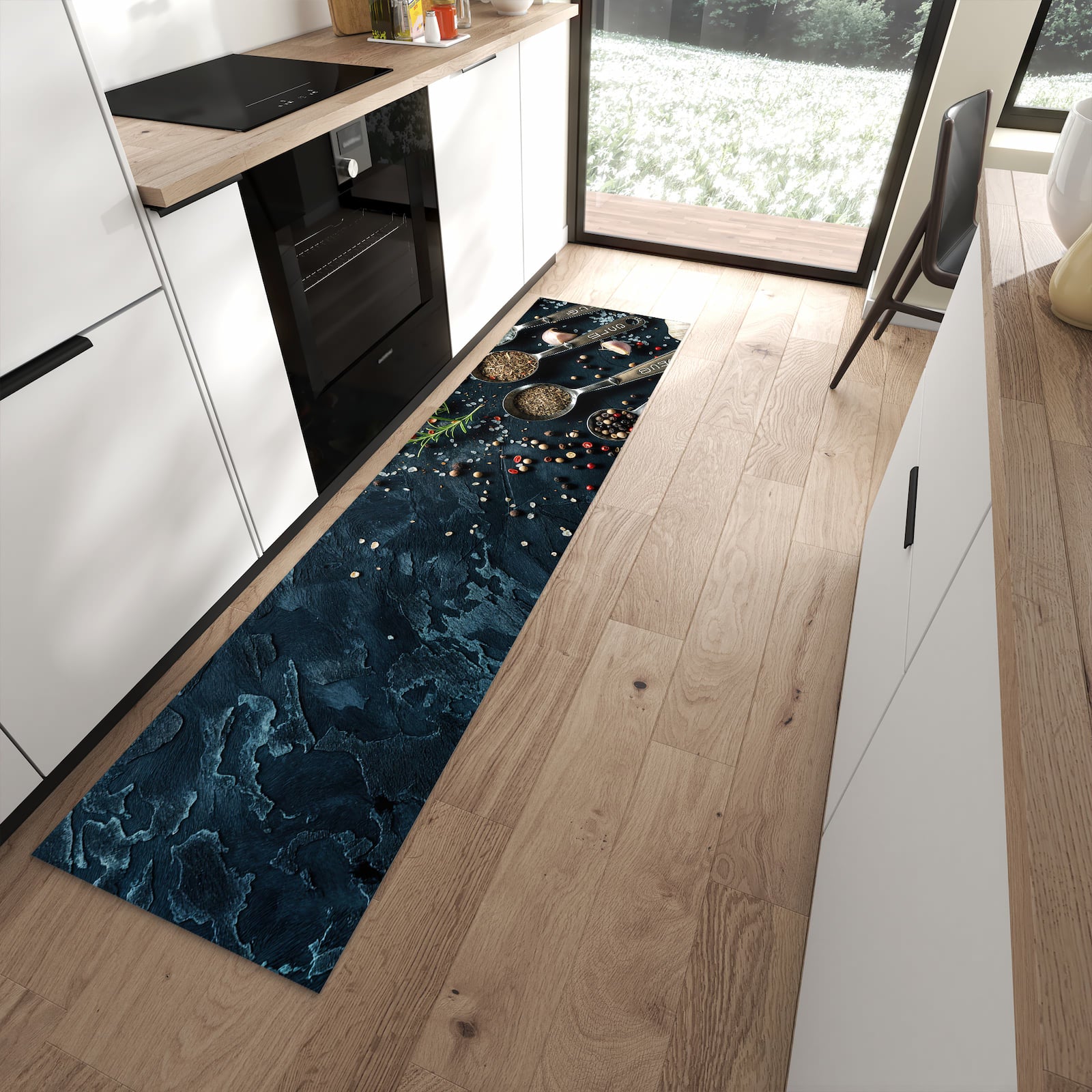 Rutschfester Küchenläufer mit Kräutersammlung-Motiv in moderner Küche für mehr Komfort