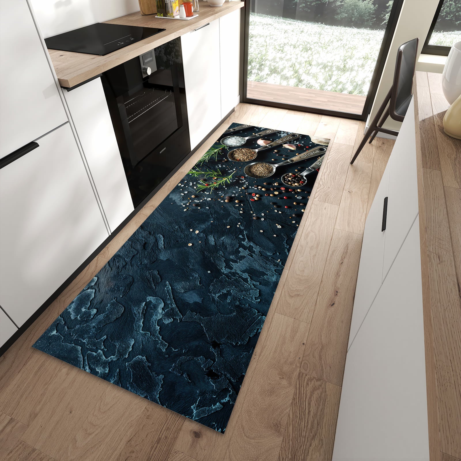 Waschbarer Küchenläufer mit Kräutersammlung-Motiv in moderner Küche, rutschfest