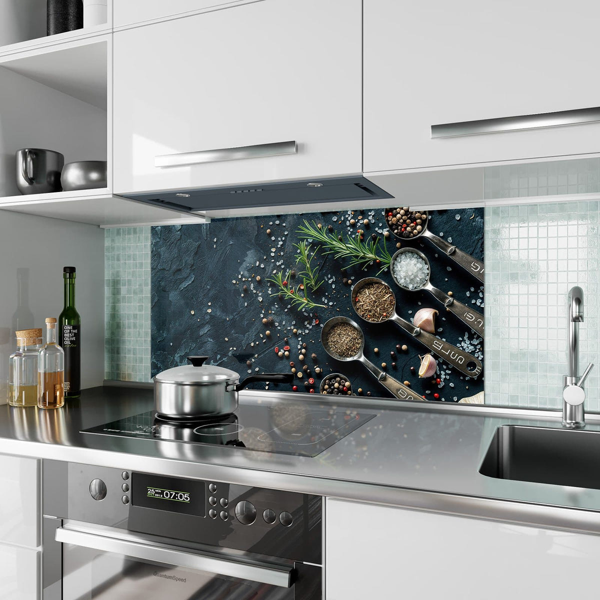 Küchenrückwand aus Glas Gewürze in Messlöffeln im Hochformat als Spritzschutz hinter dem Kochfeld, über dem Fliesenspiegel montiert
