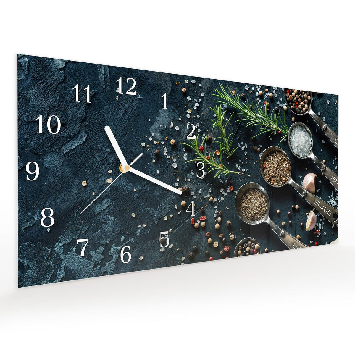 Vormontiert – mit Schwebeeffekt – Wanduhr Kräutersammlung aus Glas – Querformat 60 × 30 cm