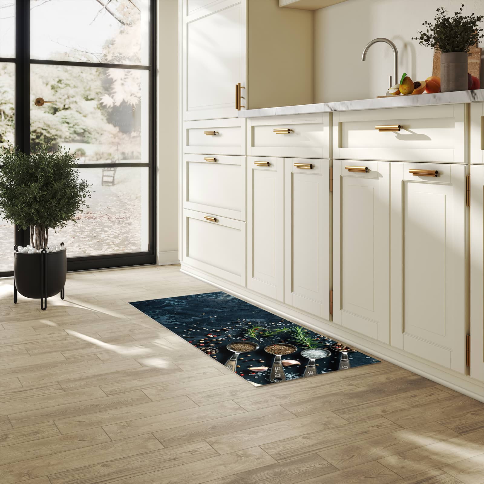 Komfortabler Küchenläufer grün mit Kräutersammlung-Motiv in der Küche