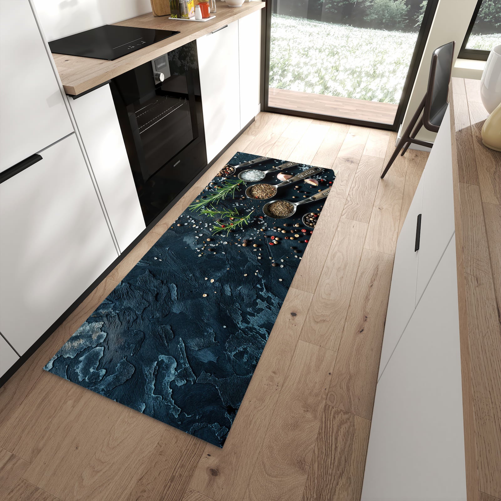 Großer Küchenteppich mit Kräutersammlung-Motiv in moderner Küche, waschbar