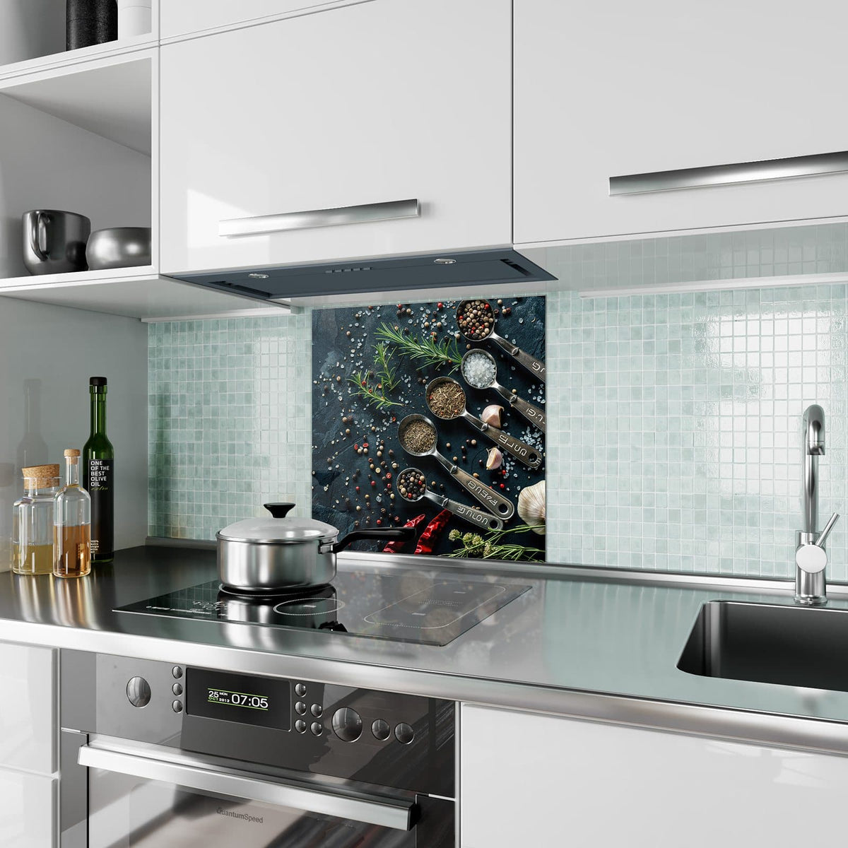 Küchenrückwand aus Glas Gewürze in Messlöffeln im quadratischen Format als Spritzschutz hinter dem Kochfeld, über dem Fliesenspiegel montiert