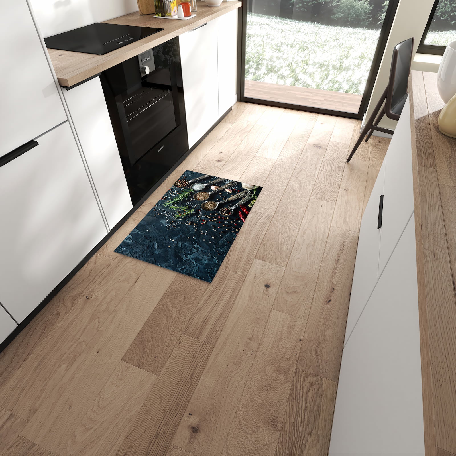 Küchenläufer mit Kräutersammlung-Motiv in moderner Küche, waschbar und langlebig