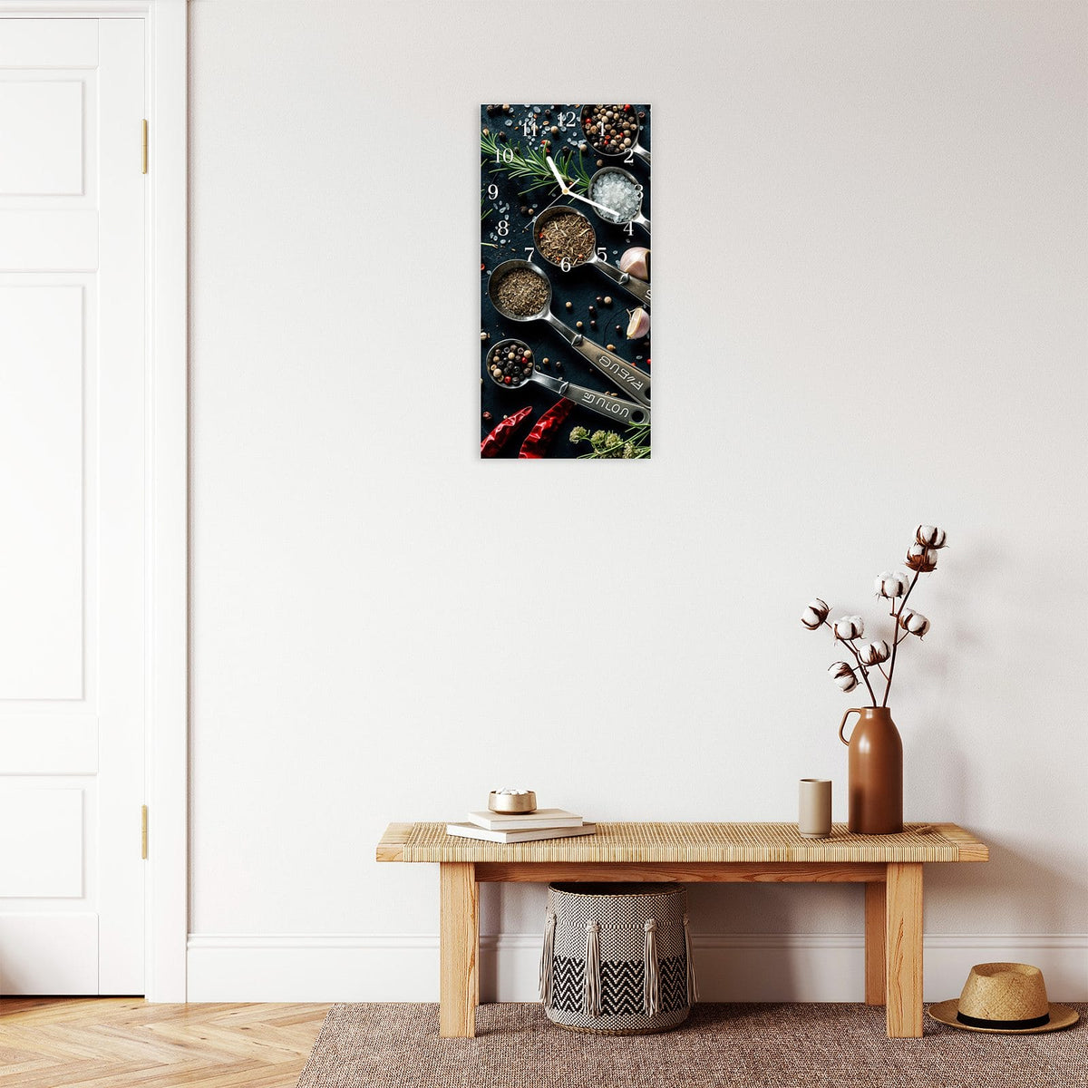 Moderne Wanduhr aus Glas mit Farbtiefe – Wanduhr Kräutersammlung aus Glas – Hochformat 30 × 60 cm