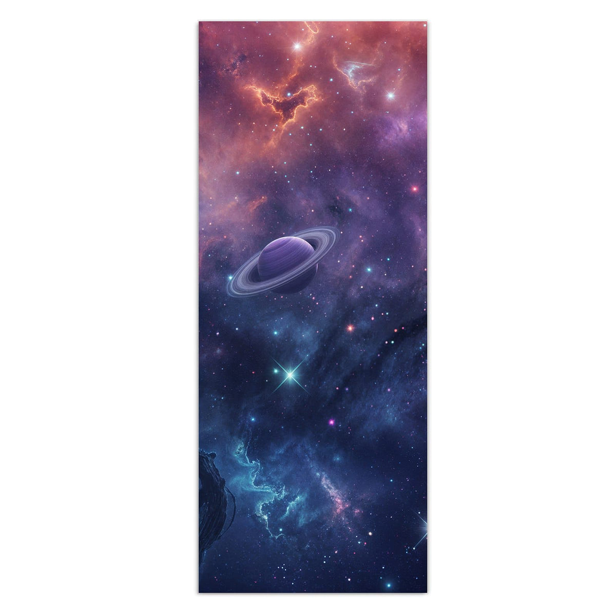 Bunter Sternennebel in Orange und Blau mit zwei Planeten, einer mit Ring