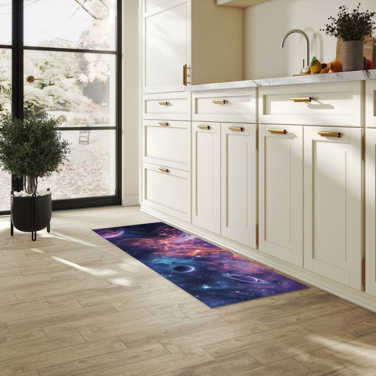 Rutschfester Küchenteppich mit Motiv Kosmisches Universum in heller Küche für sicheren Stand