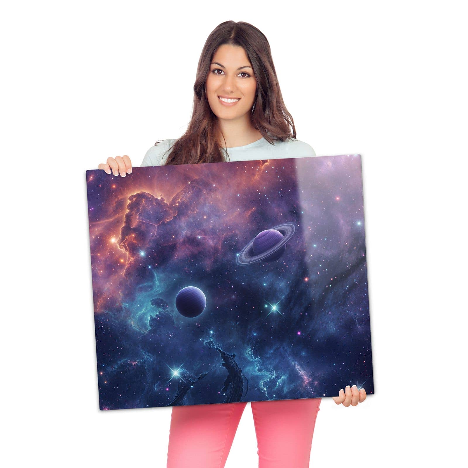Herdabdeckplatten für Ceranfeld mit Kosmisches Universum-Motiv wird zur Größendarstellung gehalten