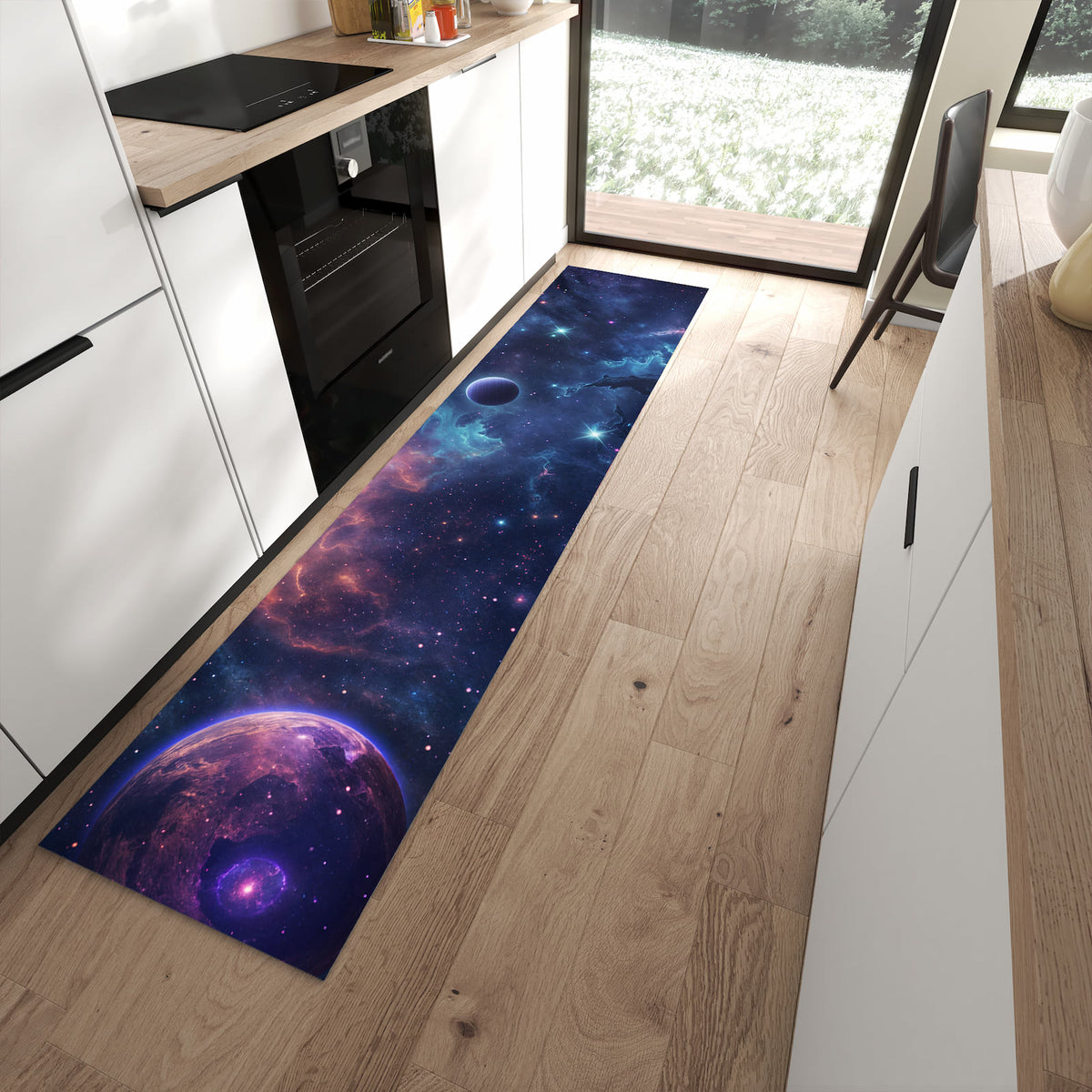 Rutschfester Küchenläufer mit Motiv Kosmisches Universum in moderner Küche