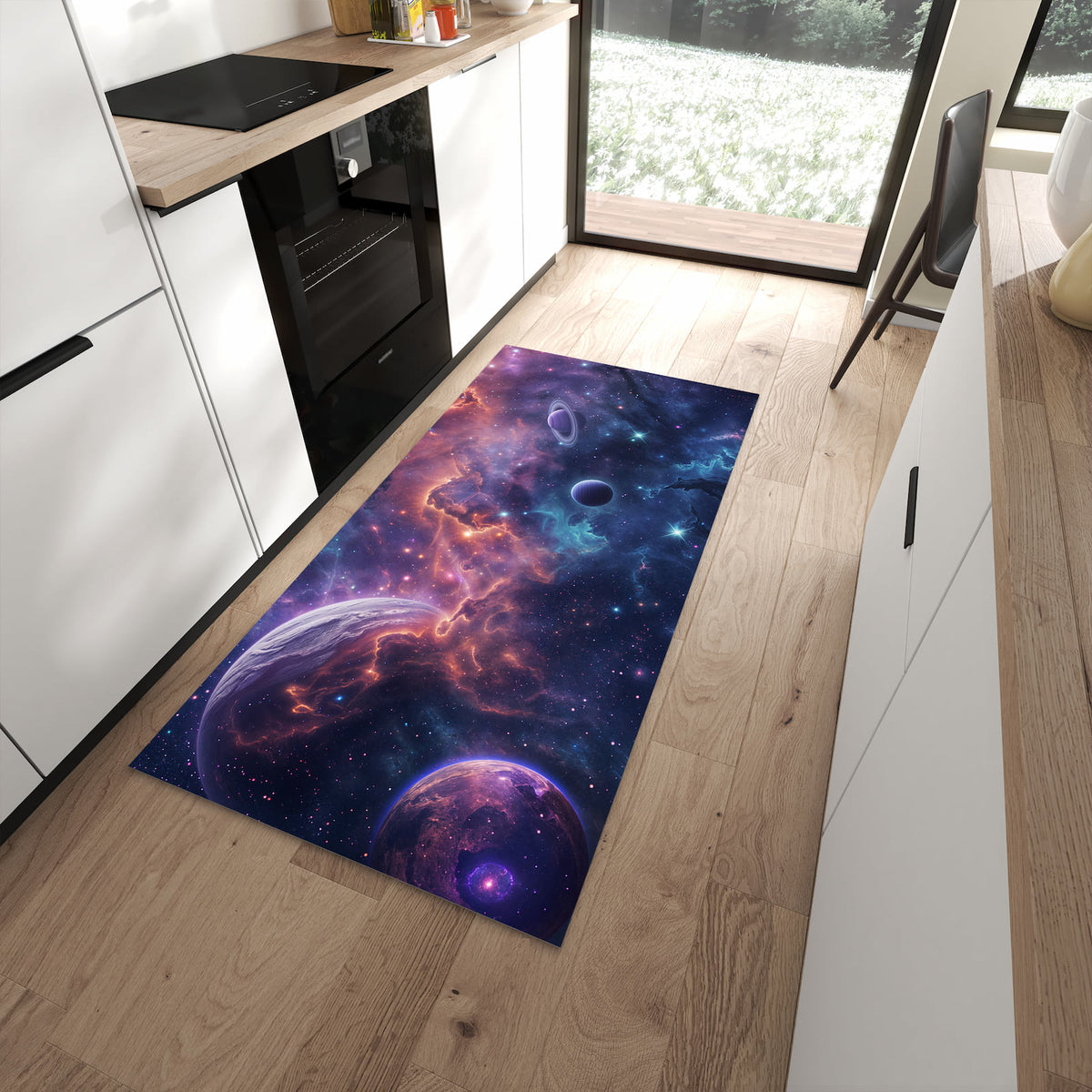 Sicherer Küchenläufer mit Motiv Kosmisches Universum in moderner Küche