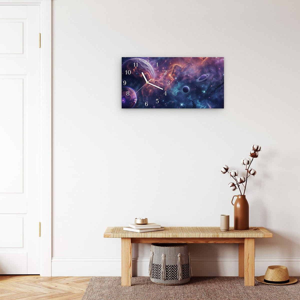 Moderne Wanduhr aus Glas mit Farbtiefe – Wanduhr Kosmisches Universum aus Glas – Querformat 60 × 30 cm