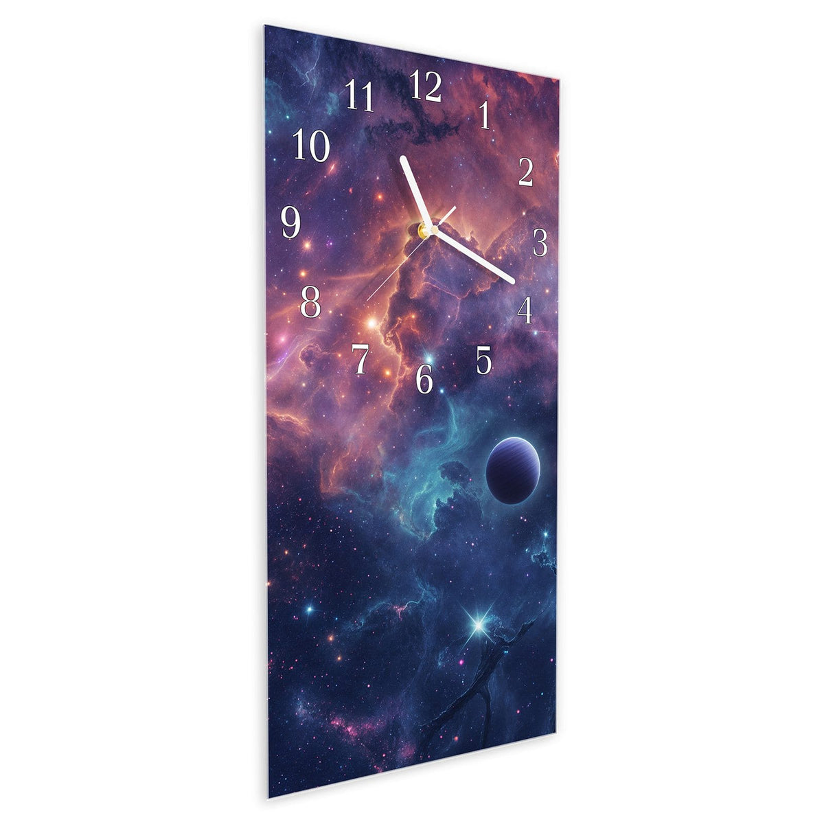 Vormontiert – mit Schwebeeffekt – Wanduhr Kosmisches Universum aus Glas – Hochformat 30 × 60 cm