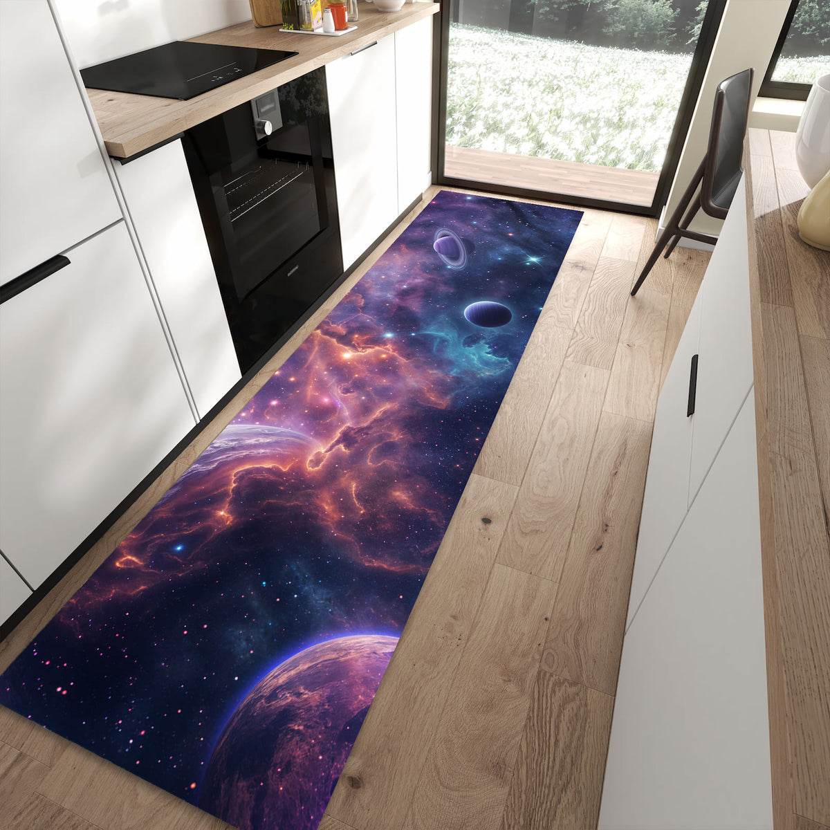 Formstabiler rutschfester Küchenläufer mit Motiv Kosmisches Universum in moderner Küche