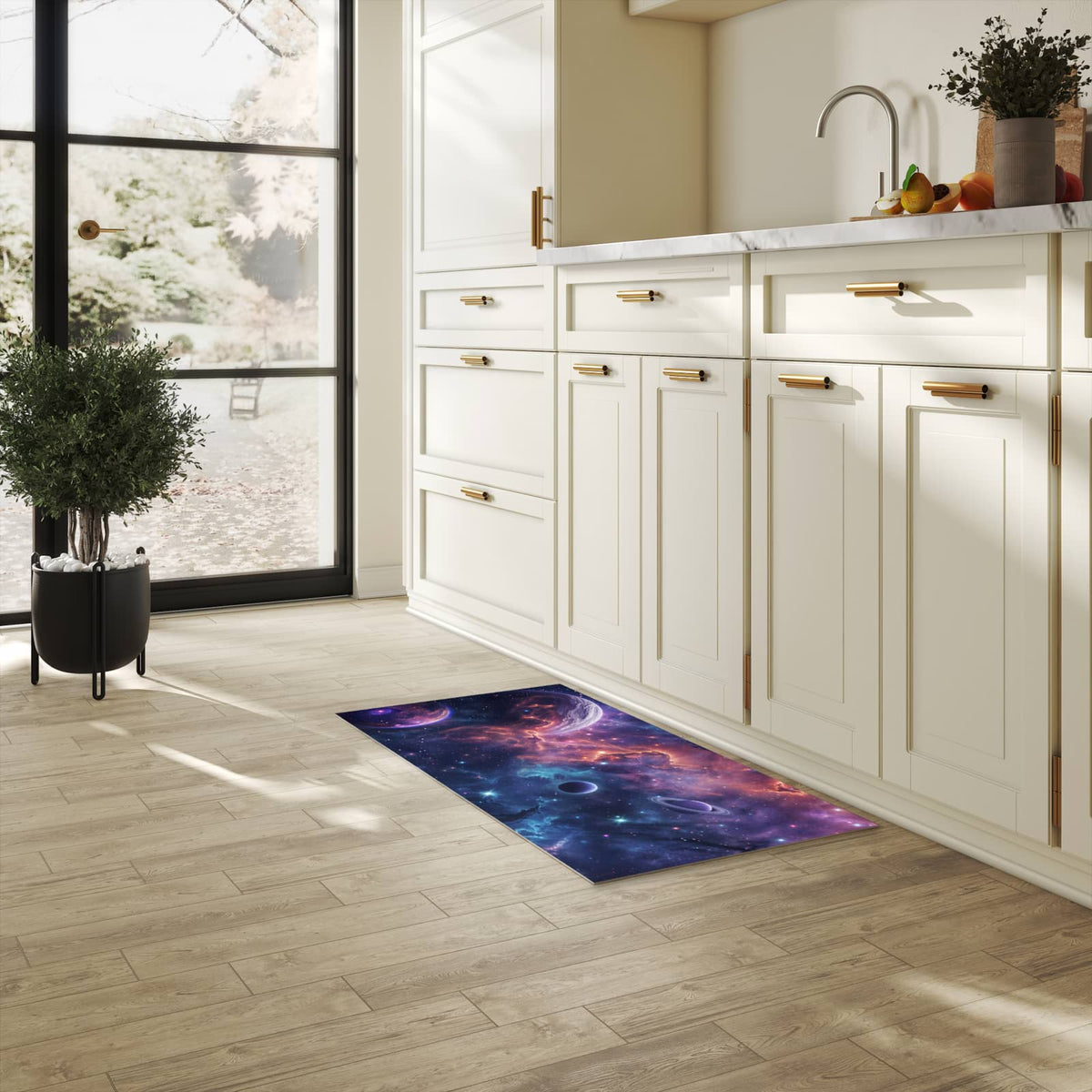 Farbbeständiger waschbarer Küchenteppich mit Motiv Kosmisches Universum in heller Küche