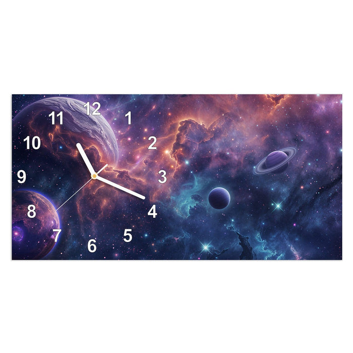 Wanduhr Kosmisches Universum aus Glas – Querformat 60 × 30 cm mit Ziffernblatt Modern