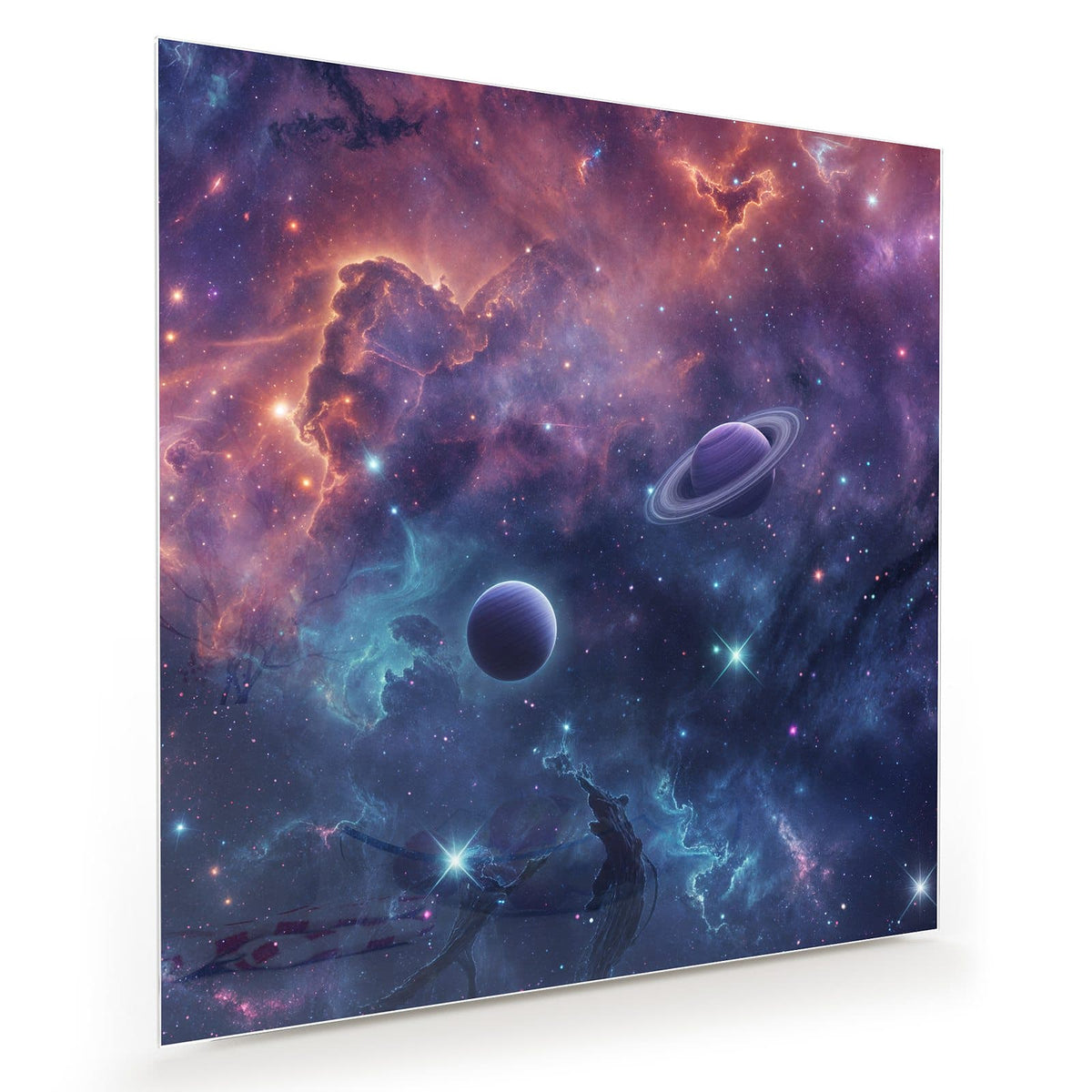 Bunter Sternennebel in Orange und Blau mit zwei Planeten, einer mit Ring