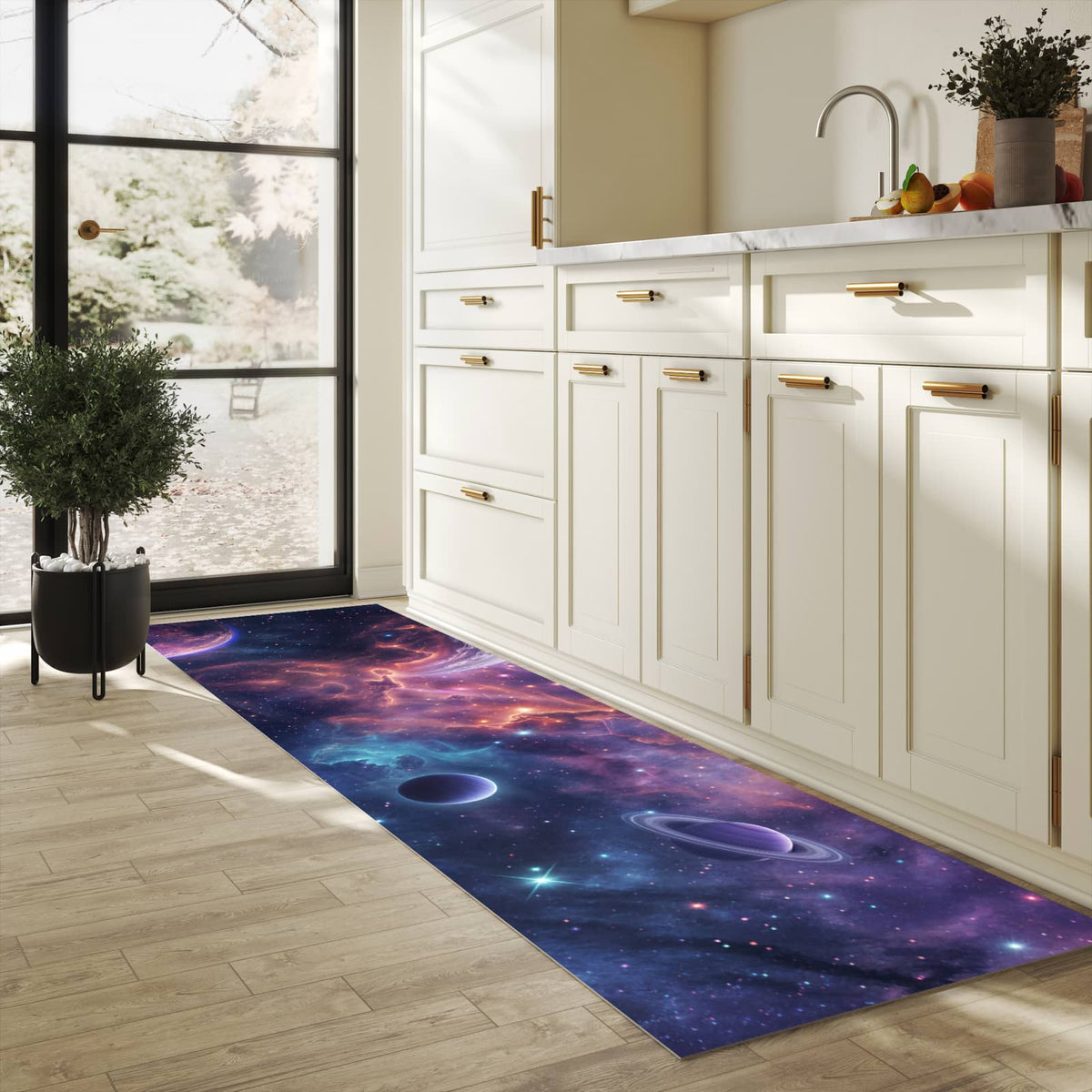 Schmutzabweisender Küchenläufer mit Motiv Kosmisches Universum in heller Küche
