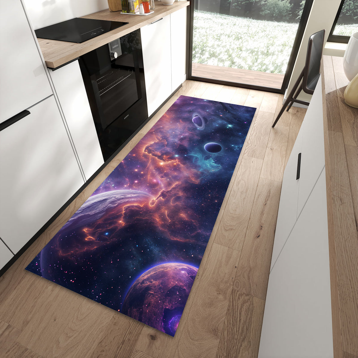 Zeitsparender Küchenläufer nach Maß mit Motiv Kosmisches Universum in moderner Küche
