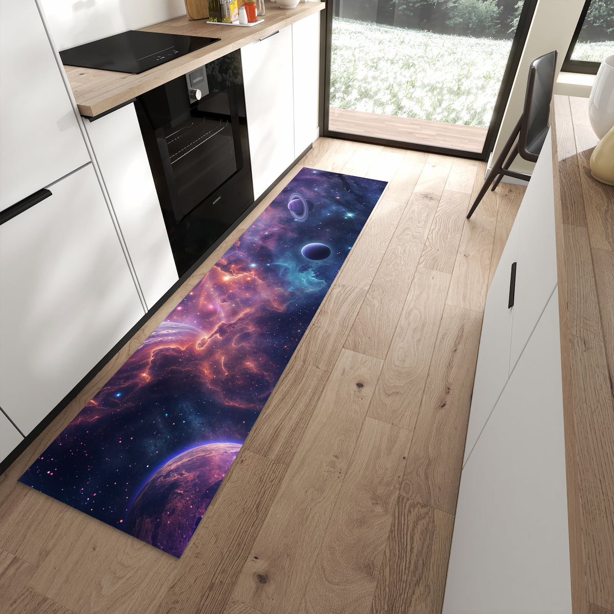 Langlebiger Küchenläufer mit Motiv Kosmisches Universum in moderner Küche
