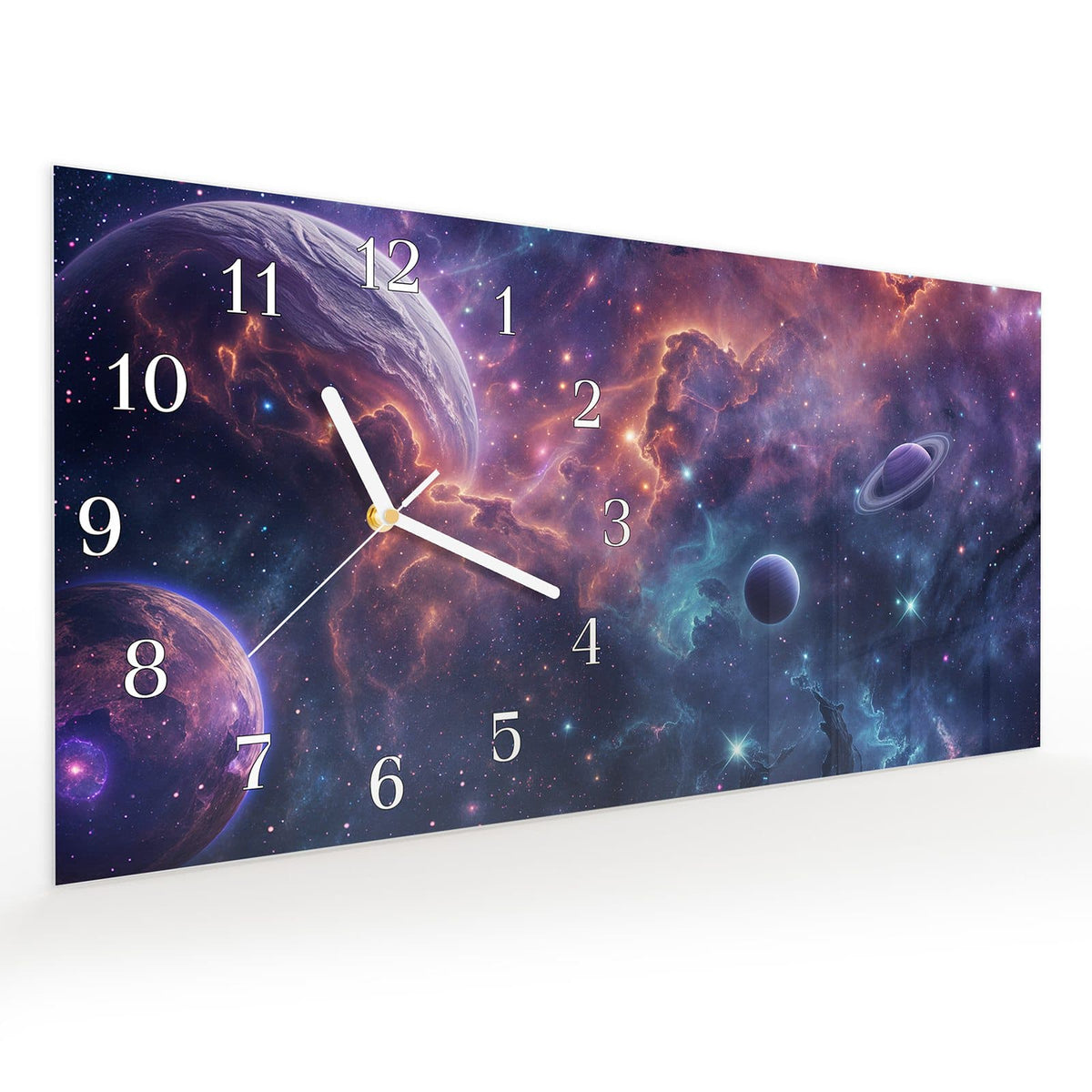 Vormontiert – mit Schwebeeffekt – Wanduhr Kosmisches Universum aus Glas – Querformat 60 × 30 cm