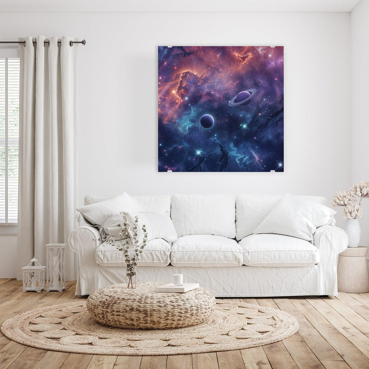 Glasbild Planet mit Ring an der Wand – Bunter Sternennebel in Orange und Blau mit zwei Planeten, einer mit Ring