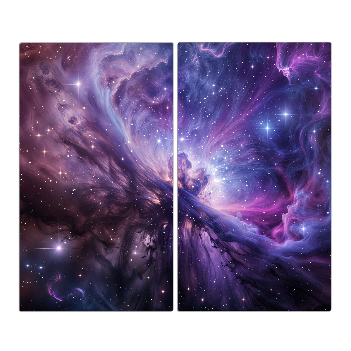 Wirbelnder Nebel in Violett, Pink und Blau mit vielen weißen Sternen