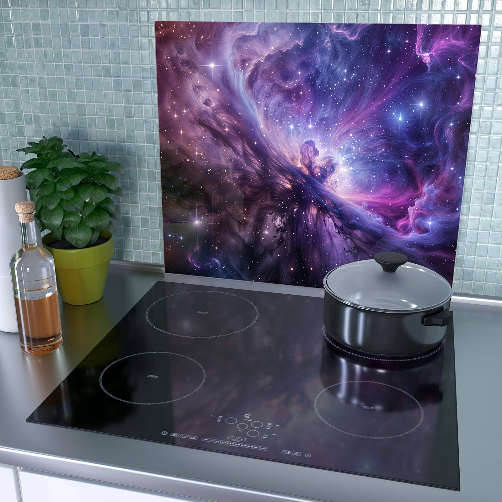 1-teilige Herdabdeckplatte mit Galaktisches Leuchten-Motiv als Spritzschutz hinter dem Kochfeld