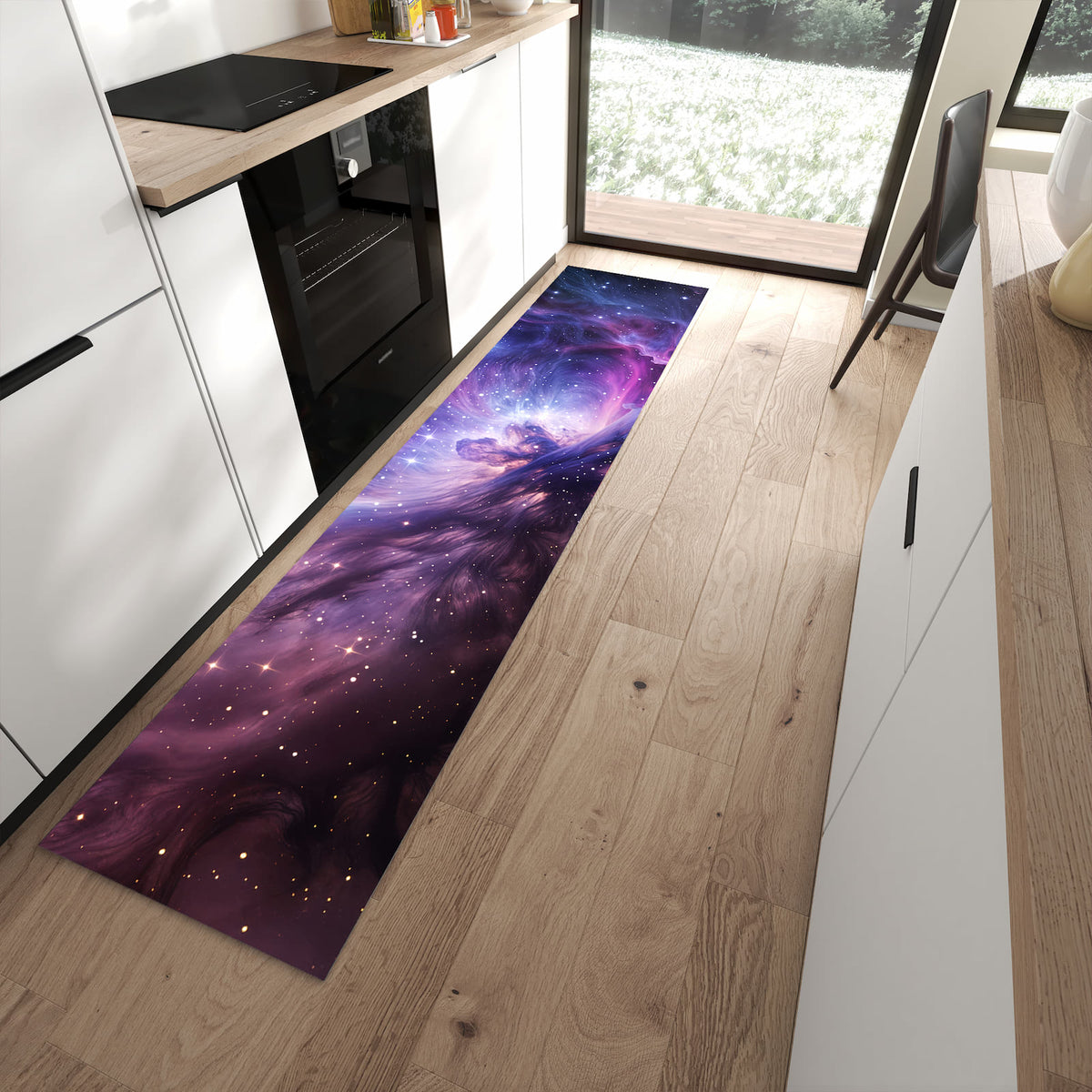 Farbbeständiger Teppichläufer mit Motiv Galaktisches Leuchten in moderner Küche
