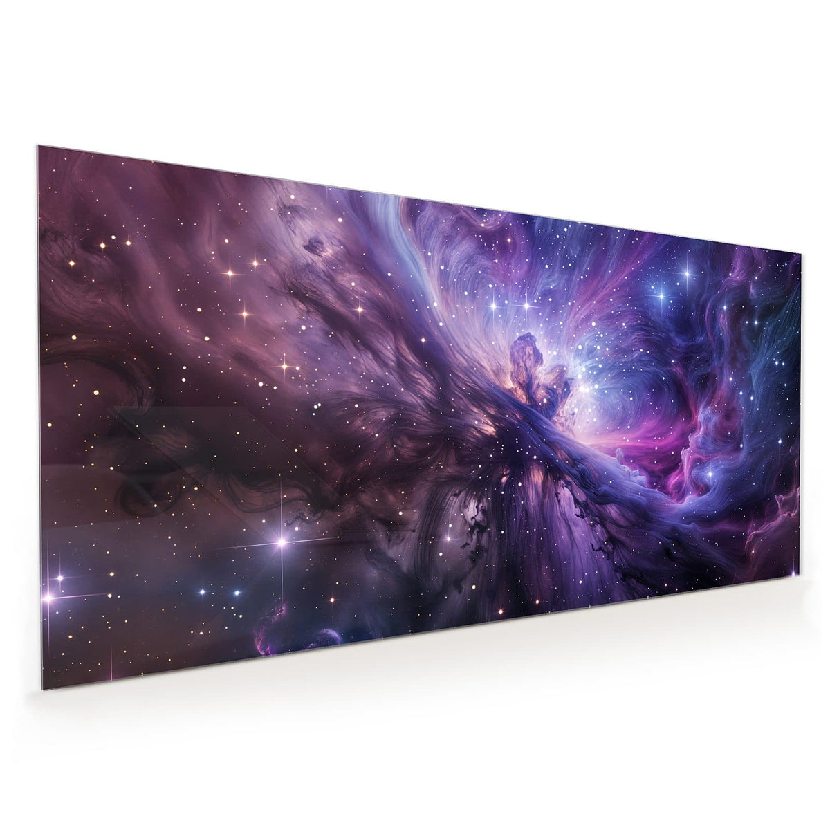 Küchenrückwand aus Glas im Hochformat: Wirbelnder Nebel in Violett, Pink und Blau mit vielen weißen Sternen