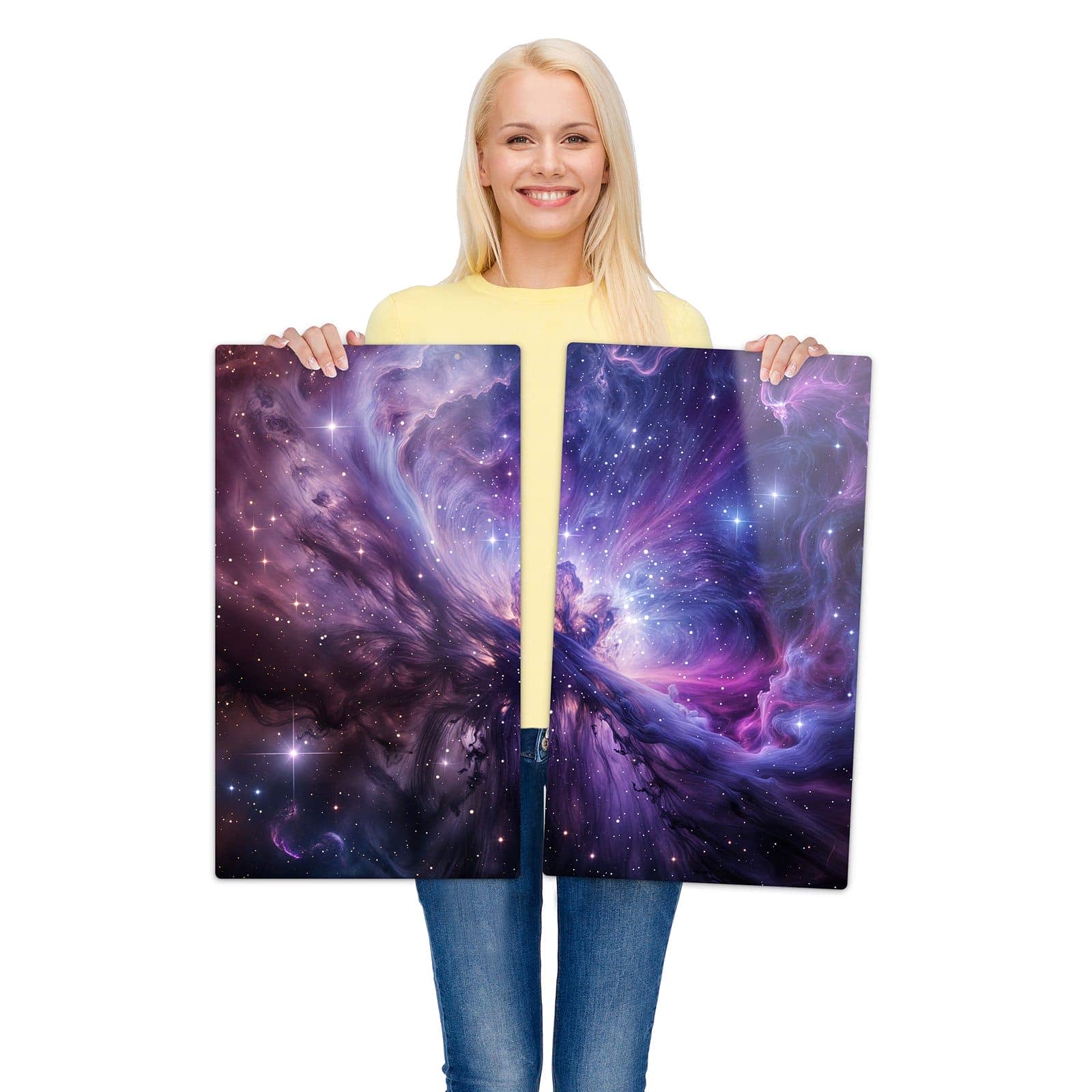 2-teilige Abdeckplatten für Herd mit Galaktisches Leuchten-Motiv wird zur Größendarstellung gehalten