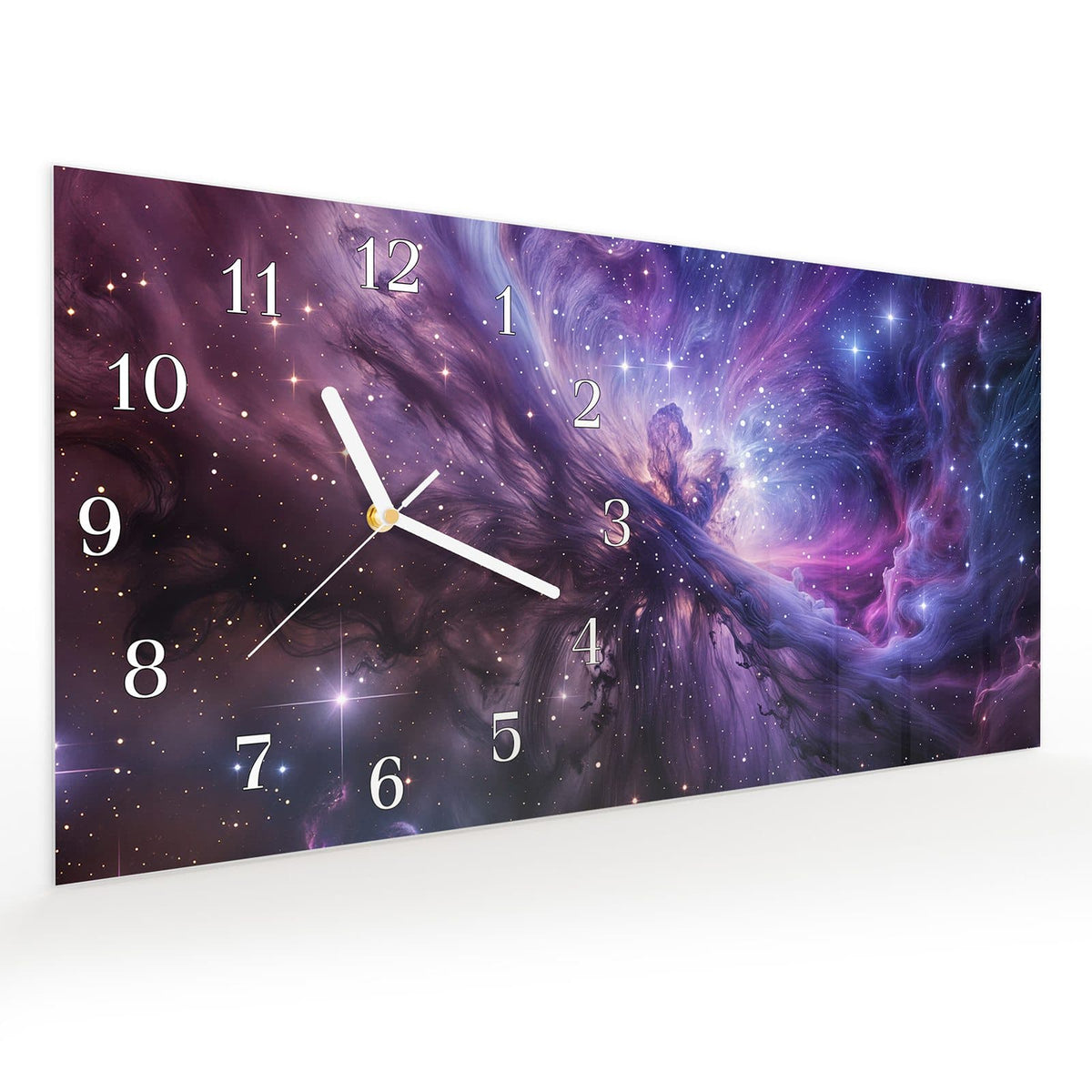 Vormontiert – mit Schwebeeffekt – Wanduhr Galaktisches Leuchten aus Glas – Querformat 60 × 30 cm