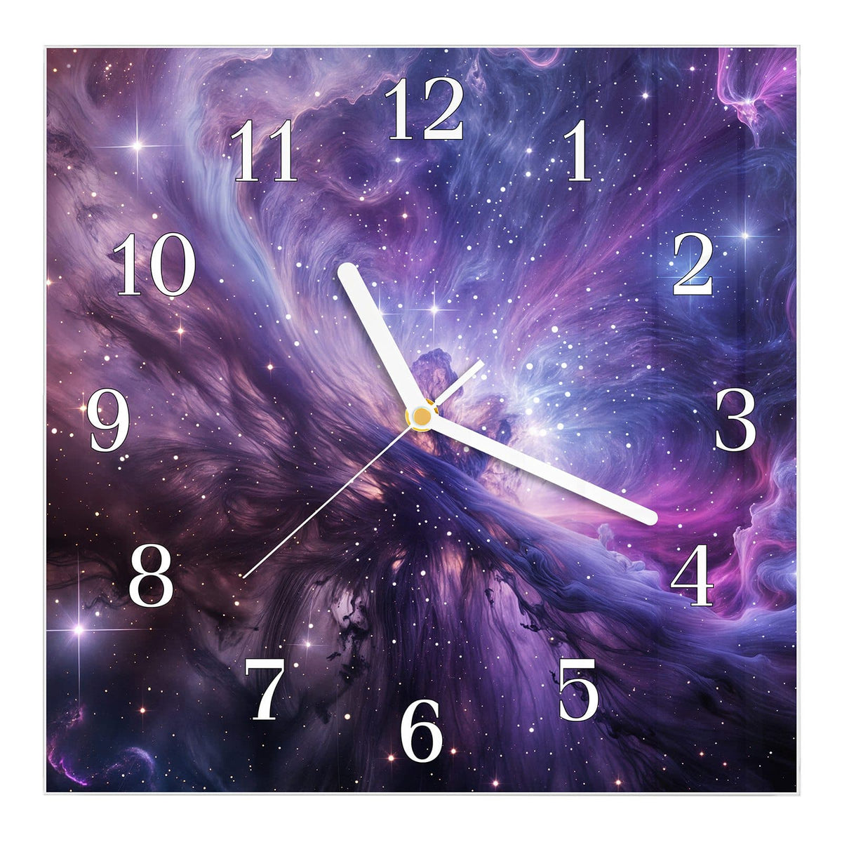 Wanduhr aus Glas, Ziffernblatt Klassisch: Wirbelnder Nebel in Violett, Pink und Blau mit vielen weißen Sternen