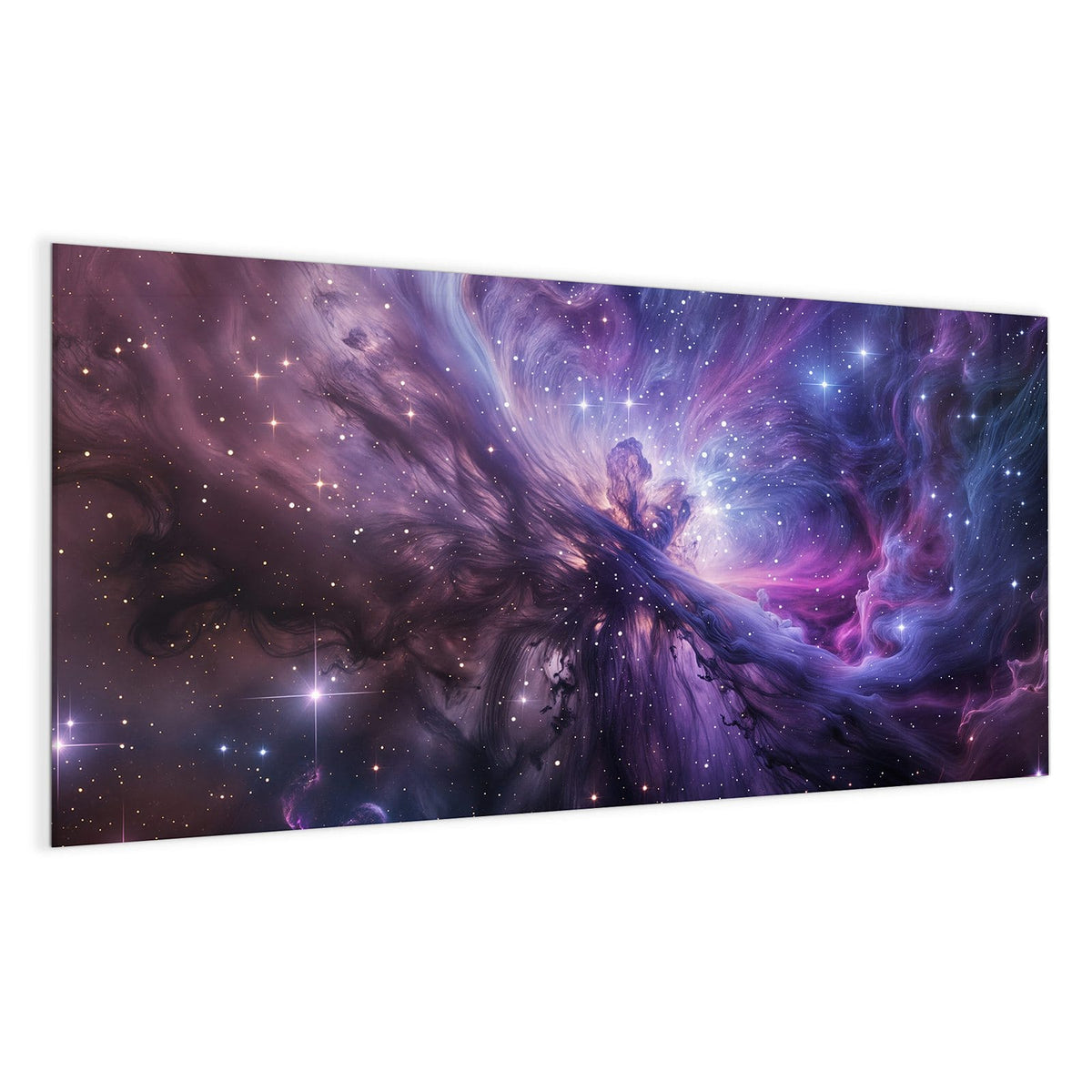 Wirbelnder Nebel in Violett, Pink und Blau mit vielen weißen Sternen