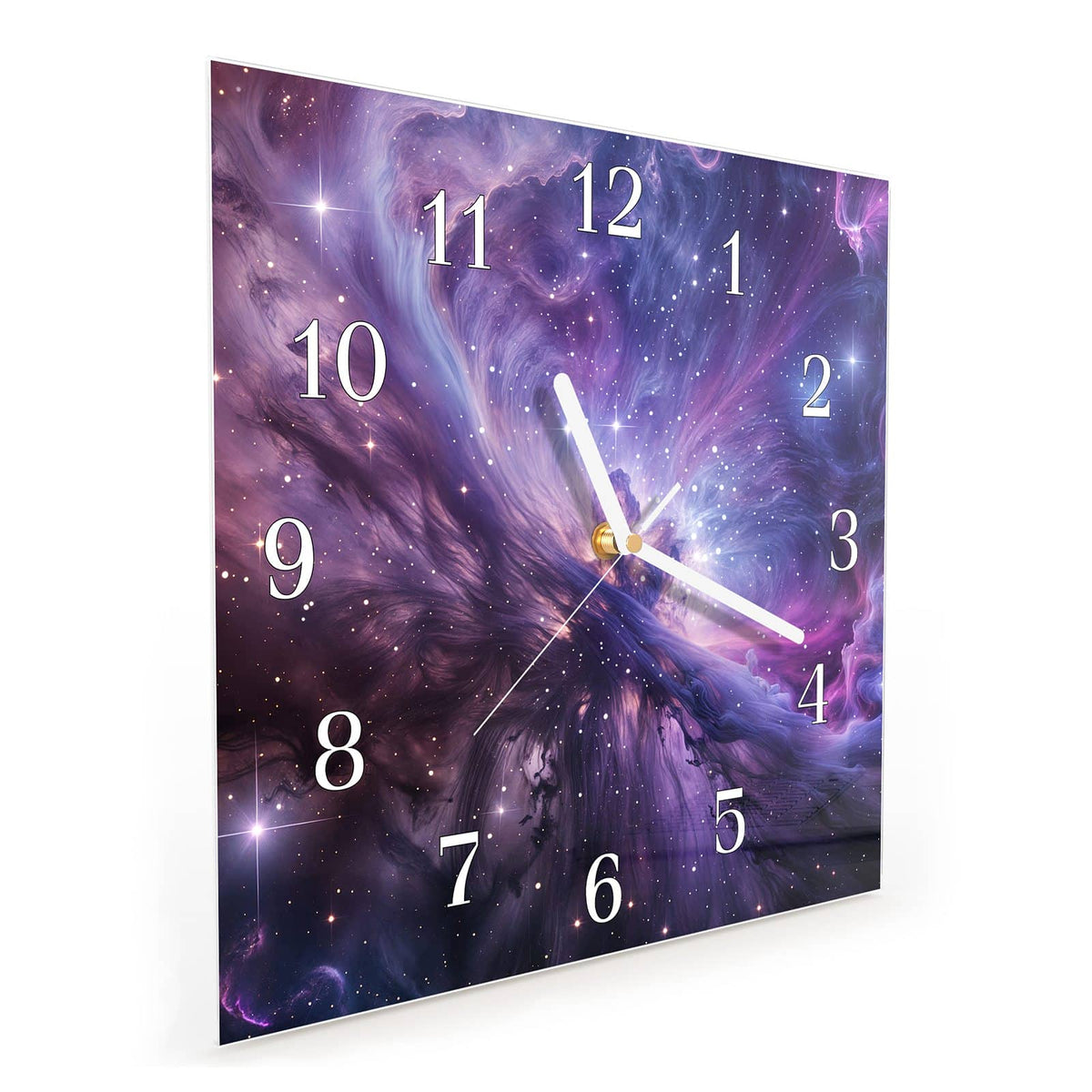 Quadratische Wanduhr aus Glas Violetter Sternennebel schräg von der Seite, 4 mm starkes Glas