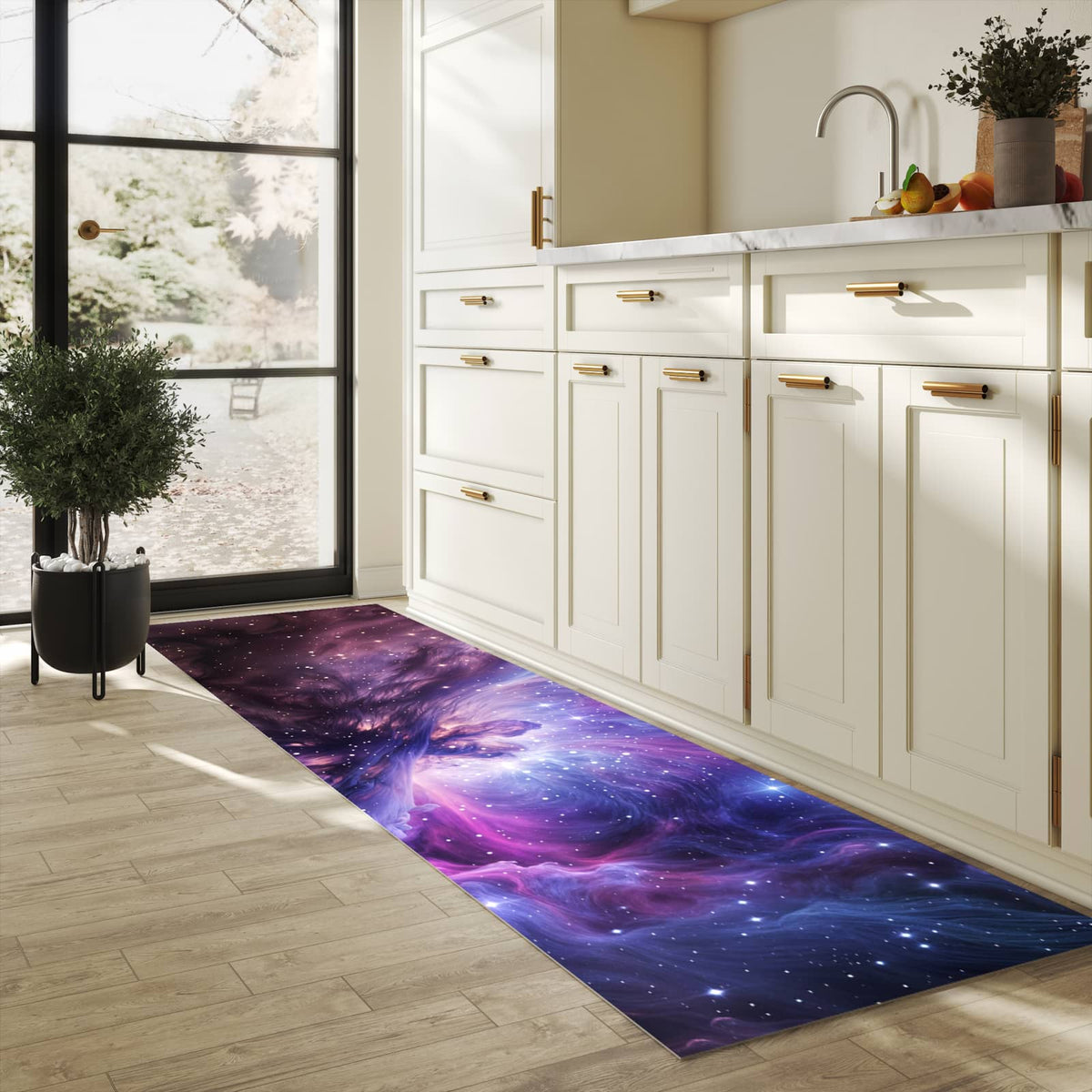 Zeitsparender waschbarer Küchenteppich mit Motiv Galaktisches Leuchten in heller Küche