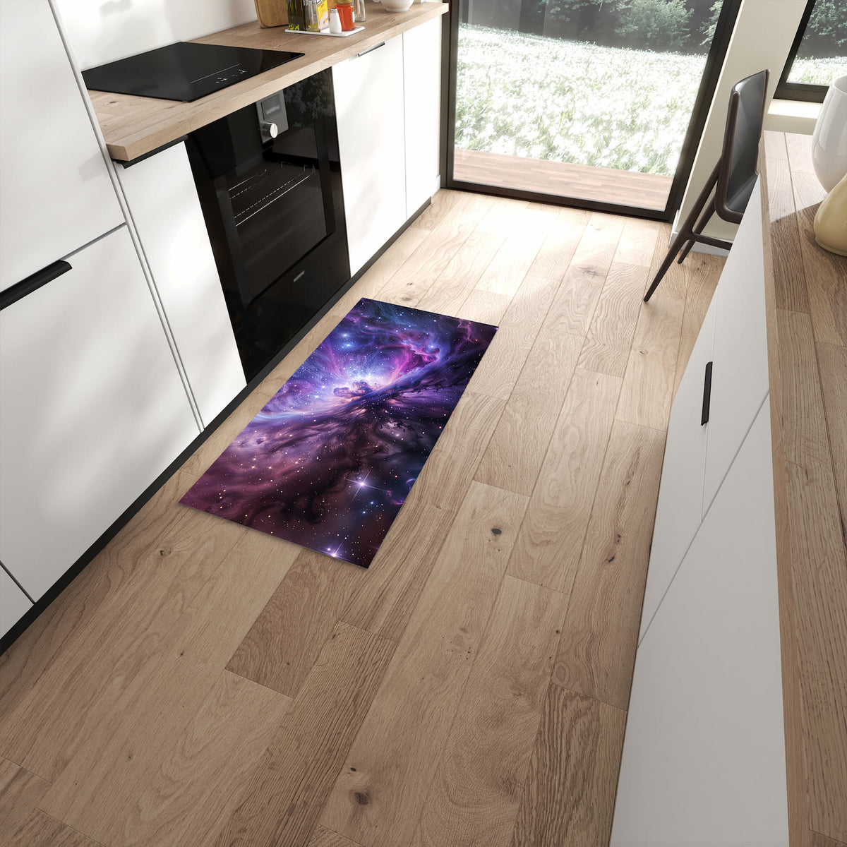 Feuchtigkeitsresistenter Küchenvorleger mit Motiv Galaktisches Leuchten in moderner Küche #grösse_60 x 120 cm