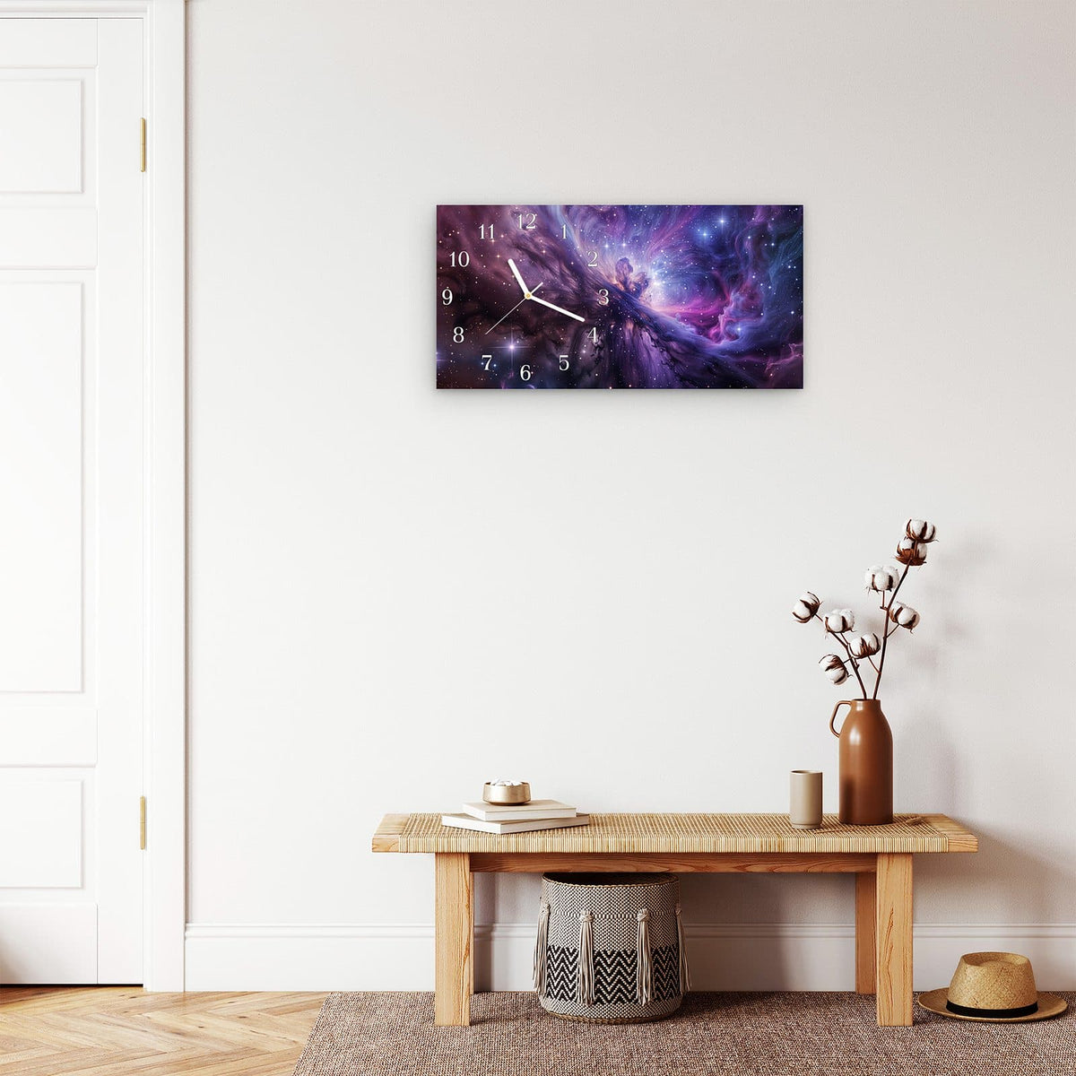 Moderne Wanduhr aus Glas mit Farbtiefe – Wanduhr Galaktisches Leuchten aus Glas – Querformat 60 × 30 cm