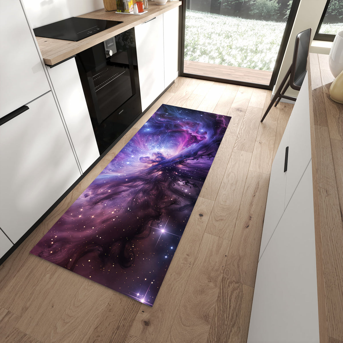 Zeitsparender langer Teppich mit Motiv Galaktisches Leuchten in moderner Küche