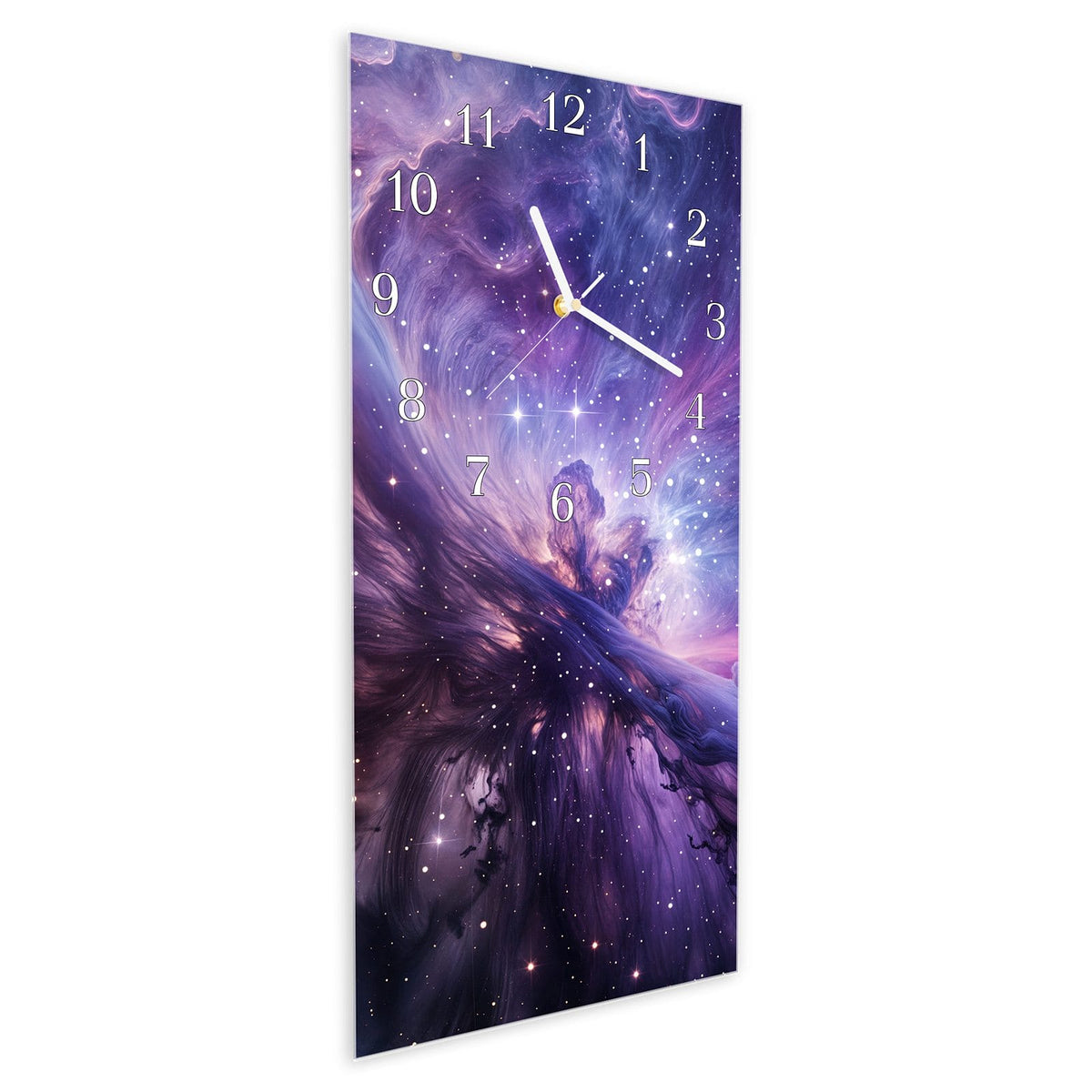 Vormontiert – mit Schwebeeffekt – Wanduhr Galaktisches Leuchten aus Glas – Hochformat 30 × 60 cm