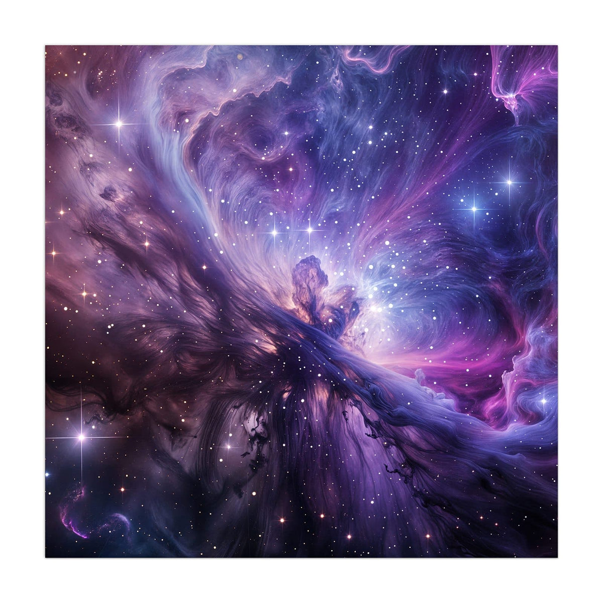 Wirbelnder Nebel in Violett, Pink und Blau mit vielen weißen Sternen